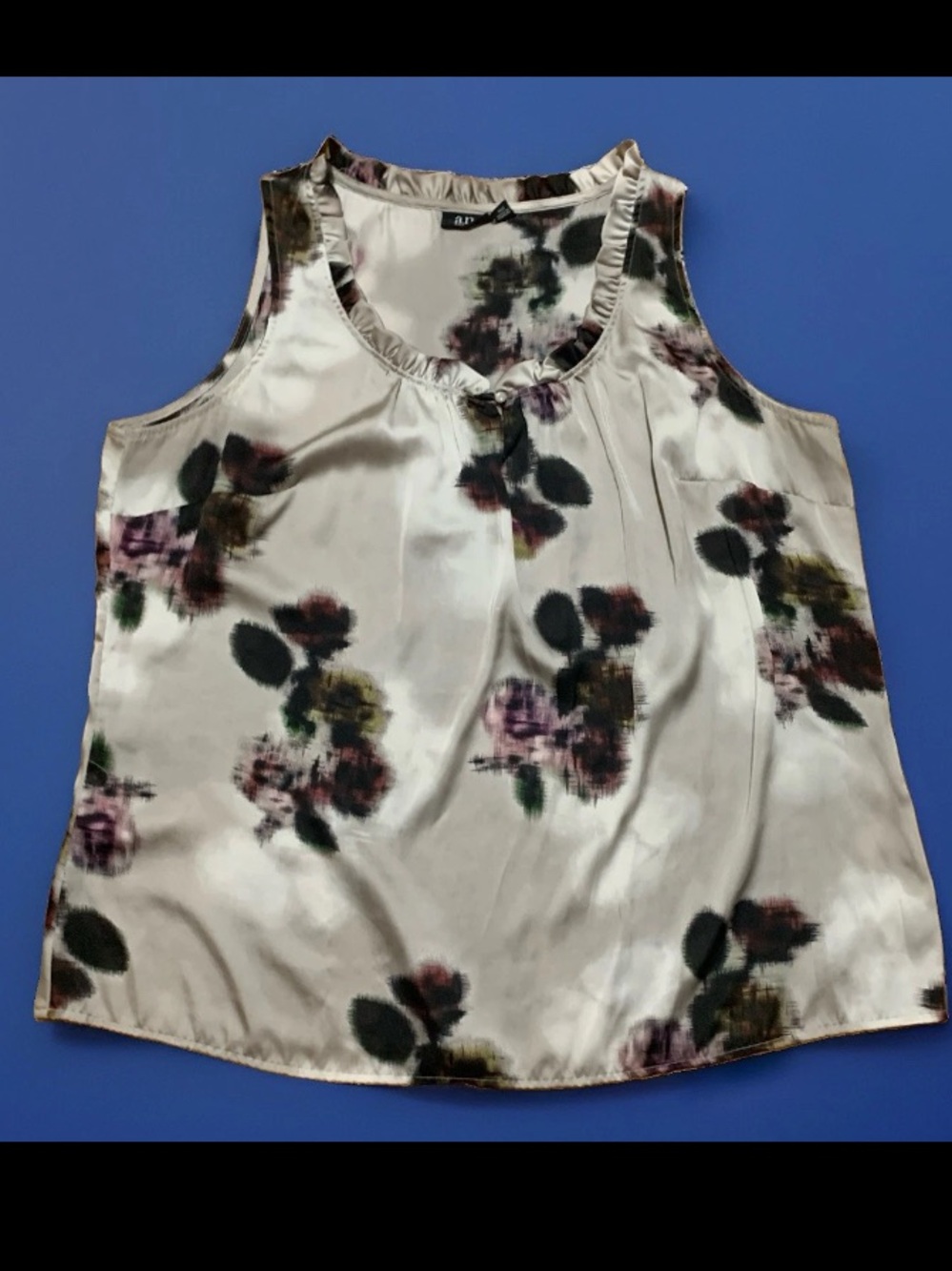 a.n.a A New Approach sleeveless floral ruffle-neck blouse gray, purple, & black